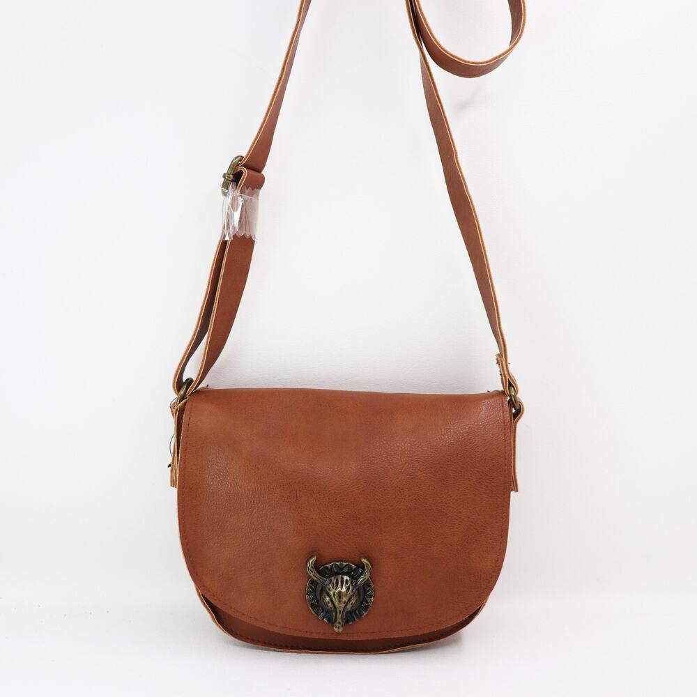 Bullhead Crossbody Handbag Women Brown Brass Faux Leather Unlined Purse Bag